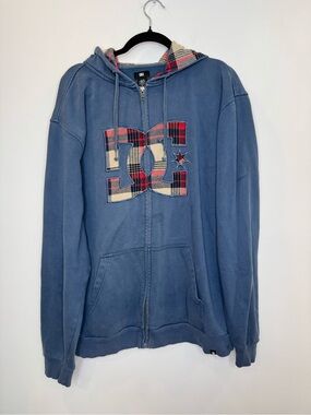 Vintage Y2K DC Shoes Zip Up Faded blue plaid Skate Hoodie Grunge Size XL